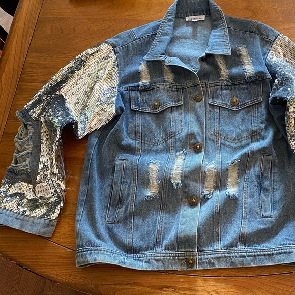 Distressed denim with sequined sleeves jacket - Picture 15 of 15